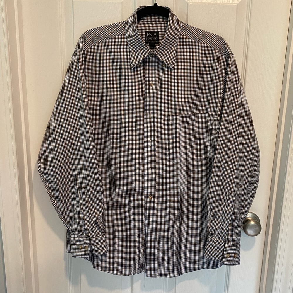 Jos. A. Bank brown and blue check traveler collection button-down, M